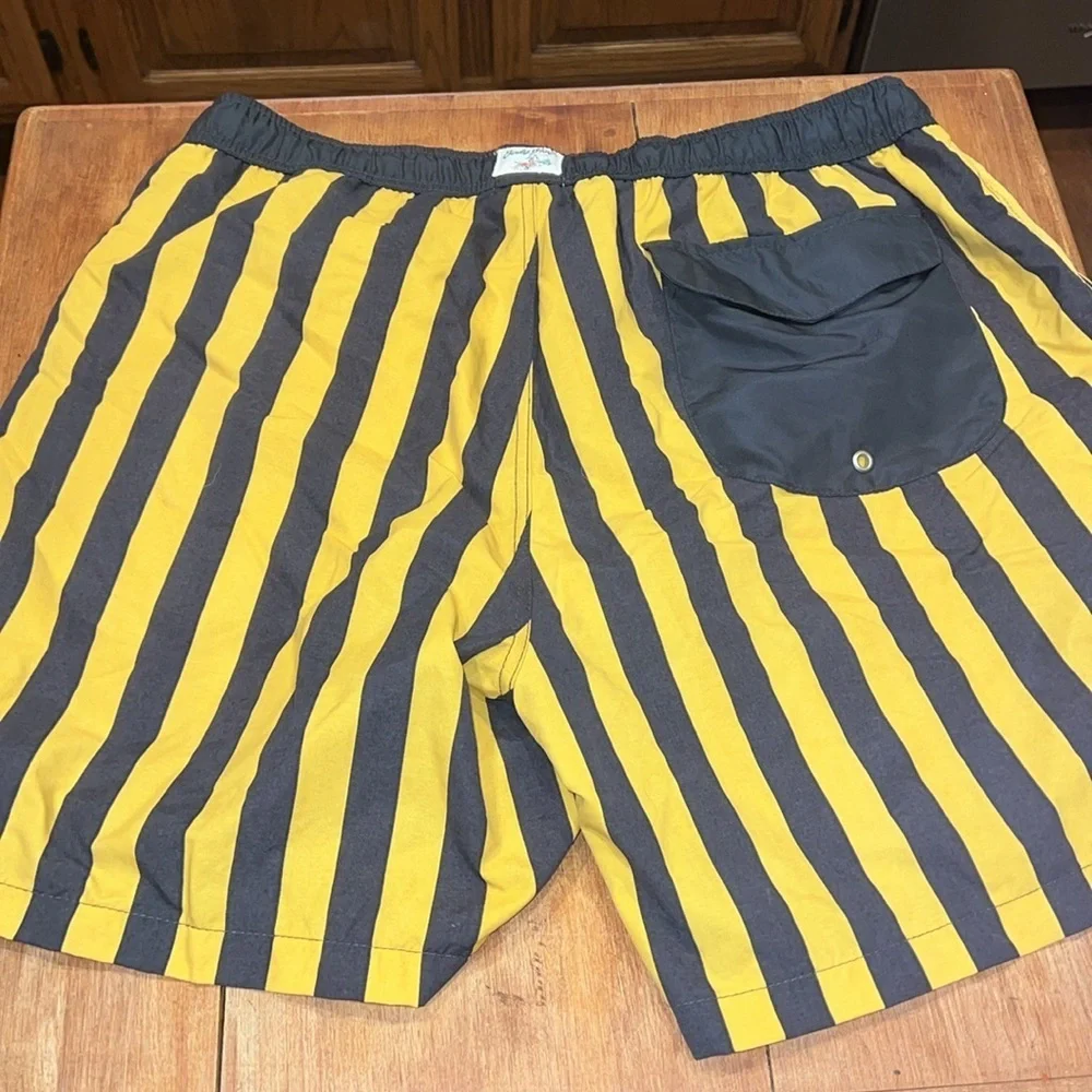 Vintage Inspired Mens Body Glove Charcoal and Yellow Striped Swim Trunks